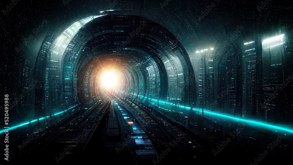 futuristic cyberpunk tunnel with light as metaverse entrance