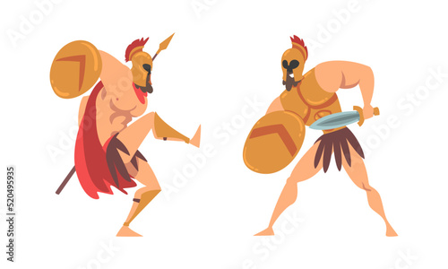Spartan Man in Red Cloak and Helmet Armed with Spear and Shield Fighting Vector Set