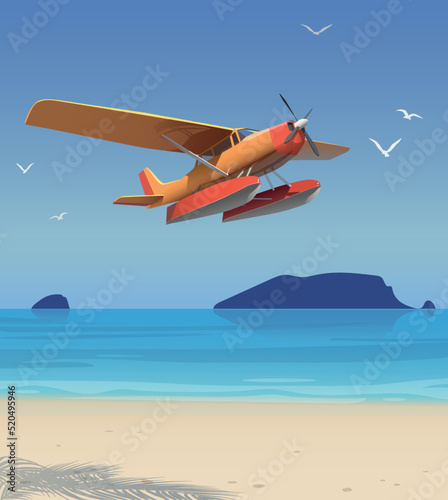 A seaplane flies over the beach. Vector.