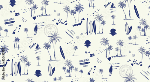 Hawaii print seamless pattern Vector illustration, Hand Draw Style, Palm, Surf, Sunset 