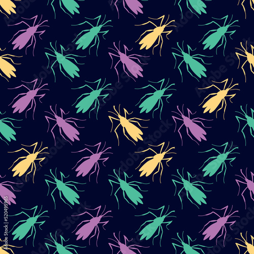 Vector seamless pattern of pink, green, yellow small mosquitos, moths, beetles in flat style. Simple multicolor texture with insects, bloodsuckers, pests
