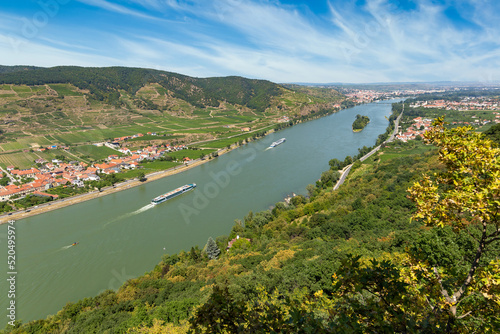 View of the Danube river in the Wachau and Krems town on the horizon. Lower Austria.
