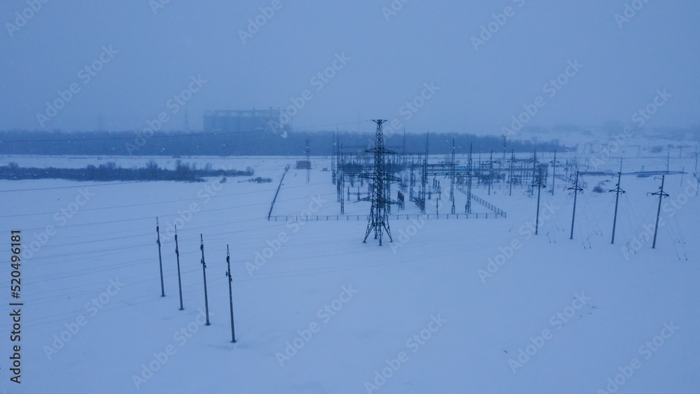 Winter over the power supply substation Winter over the power supply substation