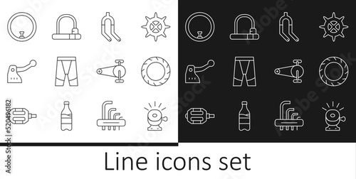 Set line Bicycle bell, wheel tire, fork, Cycling shorts, brake, chain with gear and lock icon. Vector