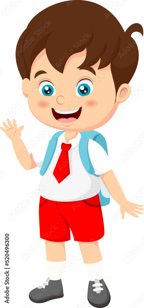 Cute Indonesian elementary school boy wearing red and white uniform waving hand Cute Indonesian elementary school boy wearing red and white uniform waving hand