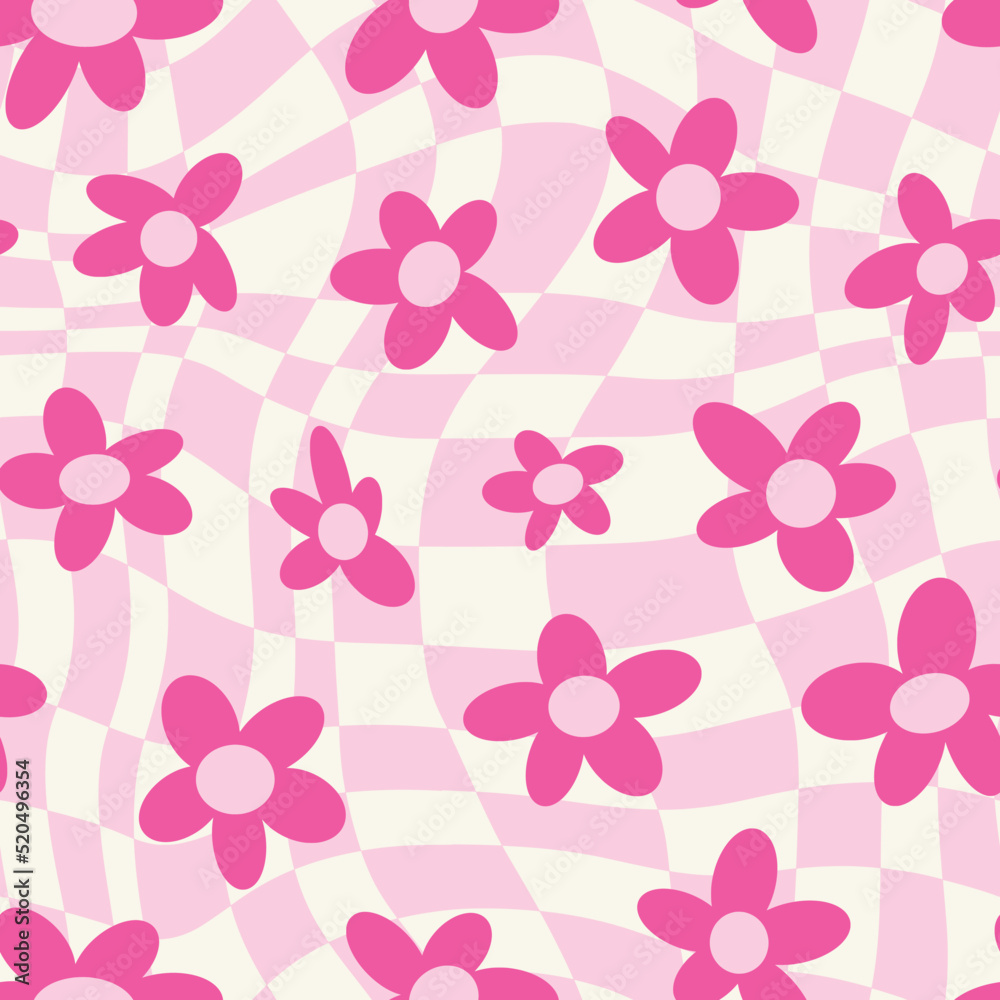 Y2K daisy flowers and checkers seamless pattern in groovy retro funky style. Organic shapes aesthetic print in cute 2000s trendy pallete. Curvy psychedelic summer floral decoration.