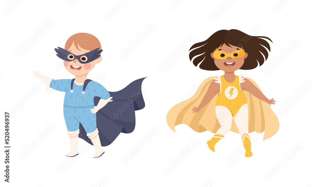 Little Boy and Girl Wearing Costume of Superhero Pretending Having Power for Fighting Crime Vector Set Little Boy and Girl Wearing Costume of Superhero Pretending Having Power for Fighting Crime Vector Set