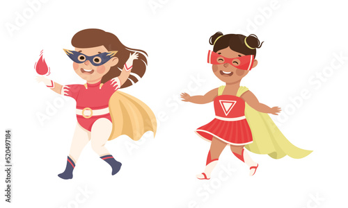 Little Girl Wearing Costume of Superhero Pretending Having Power for Fighting Crime Vector Set