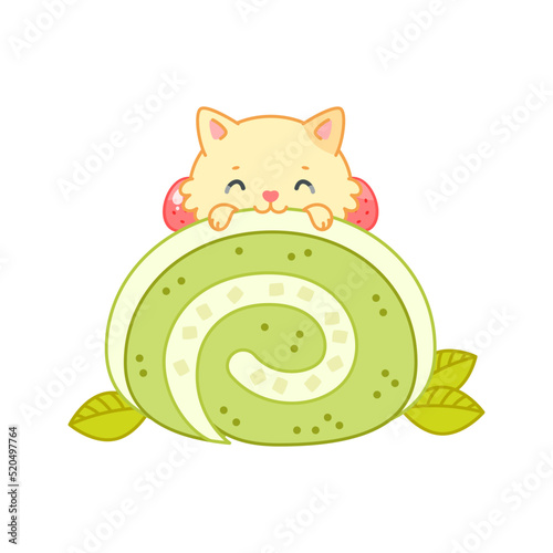 Cute cat and an oriental matcha green tea dessert. Flat cartoon illustration of a slice of swiss roll with cream isolated on a white background. Vector 10 EPS.