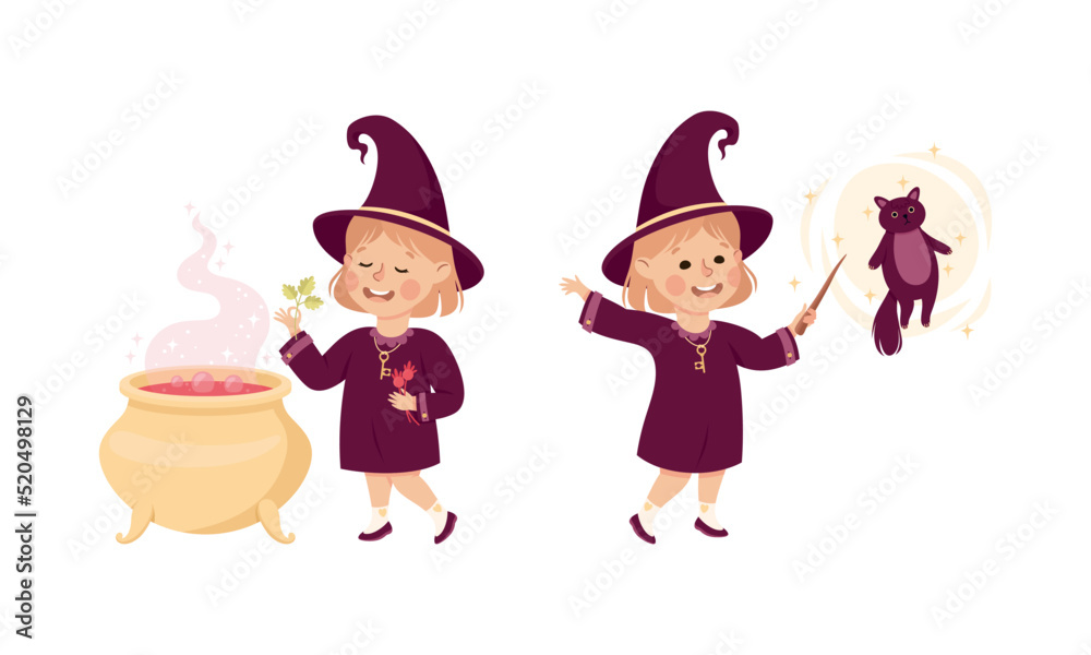 Happy Girl Witch in Purple Dress and Pointed Hat Near Boiling Cauldron and with Magic Wand Vector Set
