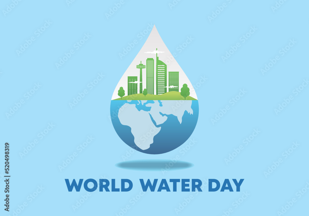World water day poster banner background with cityscape landmark and world map on blue color.