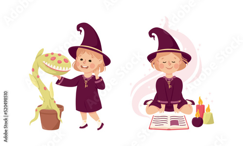 Happy Girl Witch in Purple Dress and Pointed Hat with Toothy Plant in Pot and Spellbook Vector Set