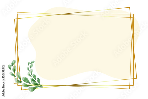 Golden square frame with green watercolor leaves on a white isolated background, pink trendy spot