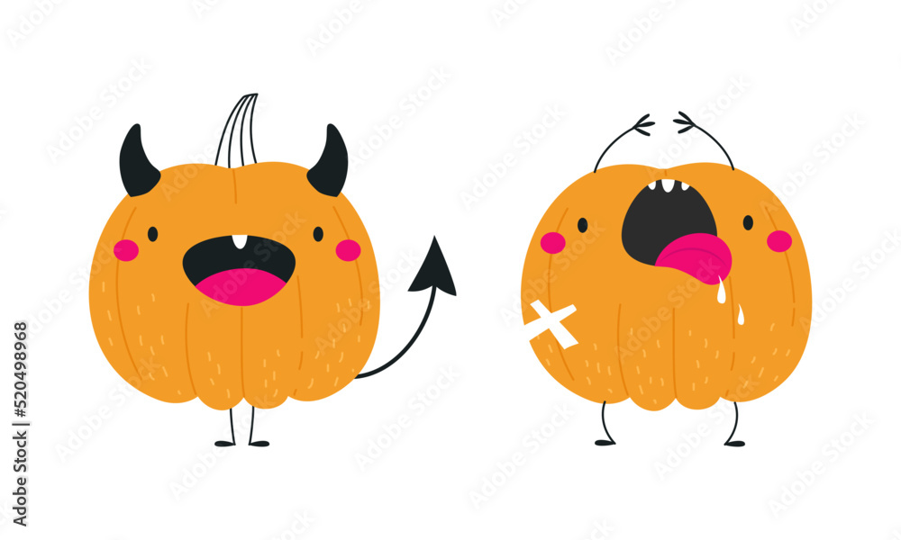 Fototapeta premium Cute Orange Pumpkin Character with Tongue Sticked Out and Horns Having Fun at Halloween Holiday Vector Set