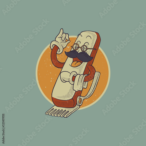 Cartoon emblem of happy shaving machine with retro style