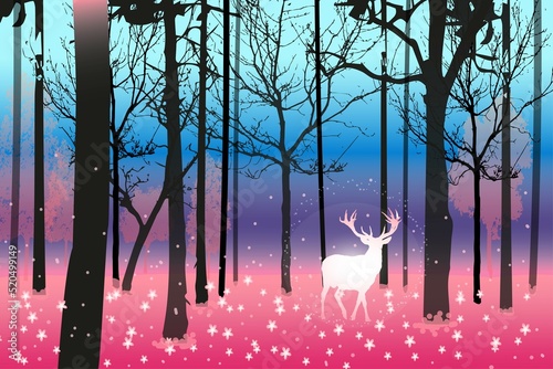 illustration landscape with deer and forest, poster