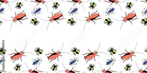 Vector border, frame from of insect pests - oriental cockroaches, flies, mosquitoes. Horizontal top and bottom edging for insects design, Pest control theme