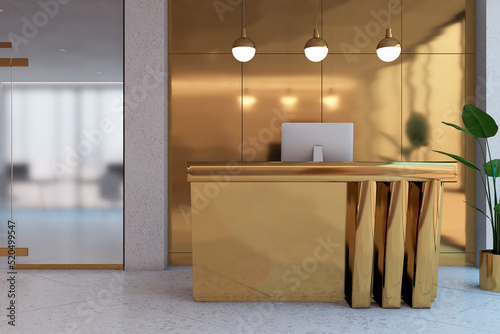 Contemporary lobby interior with shiny golden reception desk, seating and decortaive items. Waiting area concept. 3D Rendering.