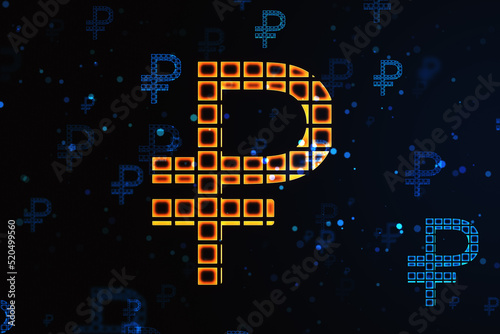 Creative glowing Russian ruble hologram on dark background. Digital money and online banking concept. 3D Rendering.