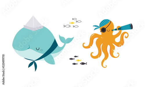Cute Whale and Octopus in Bandana as Sea Animal Floating Underwater Vector Set