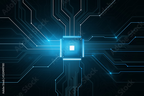 Creative glowing chip circuit hologram on dark background. CPU and metaverse concept. 3D Rendering. photo