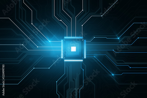 Creative glowing chip circuit hologram on dark background. CPU and metaverse concept. 3D Rendering.