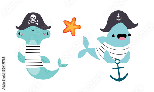 Cute Hammer Fish and Shark in Pirate Hat with Anchor as Sea Animal in Striped Vest Floating Underwater Vector Set