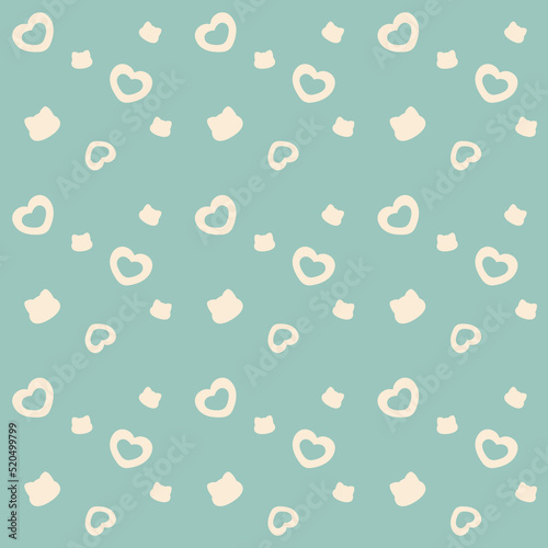 Seamless pattern with hearts and cats faces. Vector cute background surface design for textile, stationery, wrapping paper, covers.