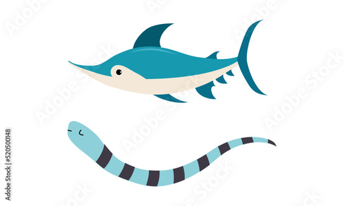 Cute Swordfish and Eel Sea Animal Floating Underwater Vector Set