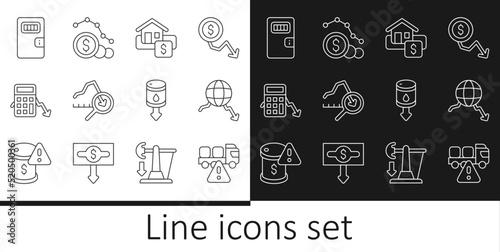 Set line Stop delivery cargo truck, Global economic crisis, Hanging sign with Sale, Calculation of expenses, Prison cell door, Drop crude oil price and Dollar rate decrease icon. Vector