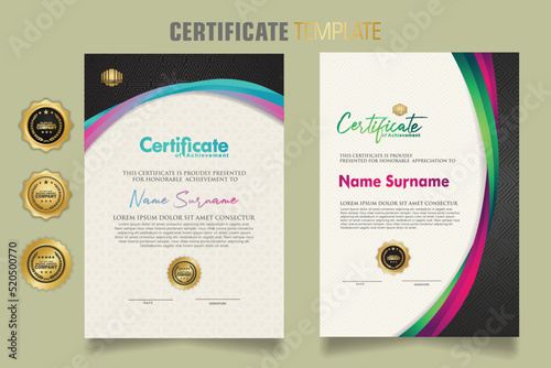 Luxury certificate template with dynamic and attractive colors on curved line shape ornament modern pattern