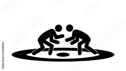 Stick figure wrestlers in the rack, flat vector illustration.