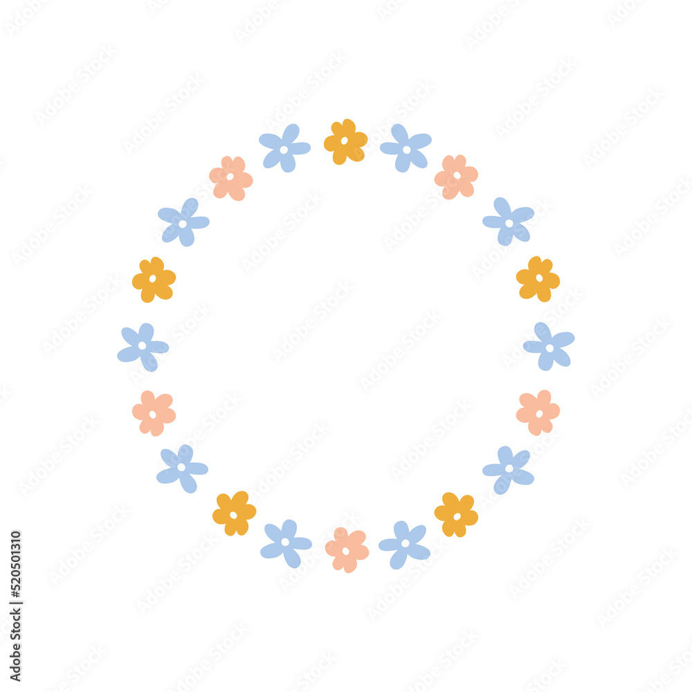 Floral wreath with cute tiny daisies isolated on white background. Round frame with flowers. Vector hand-drawn illustration. Perfect for cards, invitations, decorations, logo, various designs.