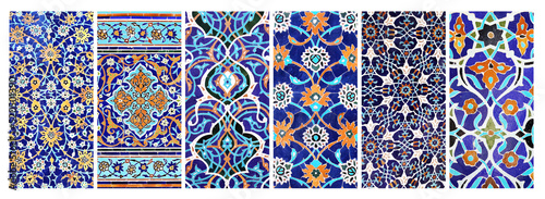 Set of vertical or horizontal banners with detail of ancient mosaic walls with floral and geometric ornaments