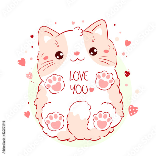 Cute Valentine card in kawaii style. Lovely cat with pink hearts. Inscription Love you. Can be used for t-shirt print, stickers, greeting card design. Vector illustration EPS8