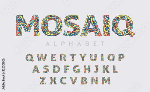 Decorative joy alphabet, mosaic style letters set. Vector illustration.