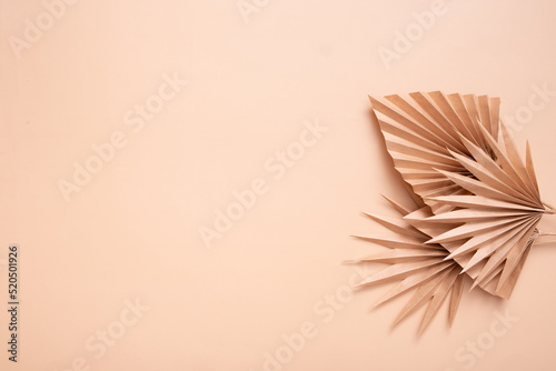 Decorative paper tropical palm dry leaves on beige background. Copy space