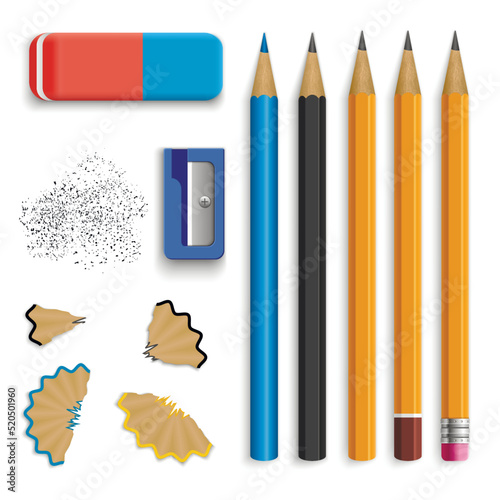 Realistic pencils  with a rubber.  Sharpener, pencil shavings and a graphite.School and office stationery mockup. 