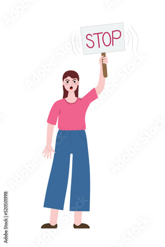Young angry woman holding banner with message Stop  manifesting activist demonstrating protest sign. Protesting against discrimination or supporting abortion rights. Isolated vector illustration.