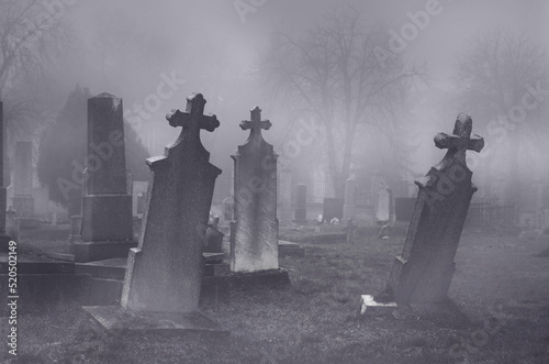 Canvas Print Old creepy graveyard on stormy winter day in black and white