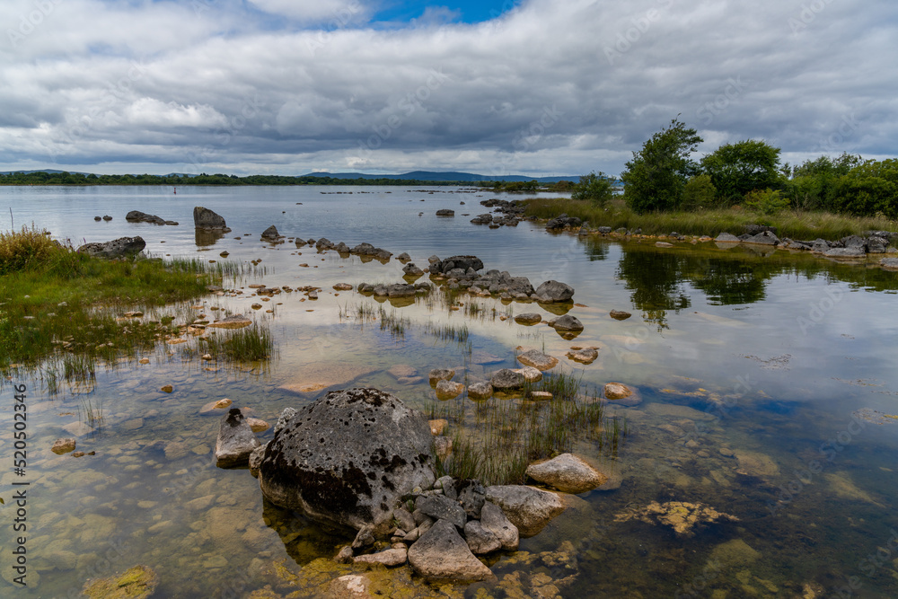 picturesque summer landscape of Lough Corrib Lake in County Galway at Kilbeg Pier
