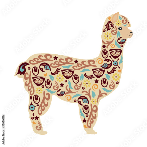 Alpaca vector, image of an animal with a pattern, pattern on a llama, children's print, chamomile flower on the body, design of swirls and flowers, wool painted with patterns, cute llama