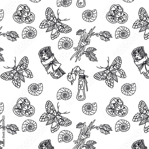 Vector pattern wits occults elements on white background.