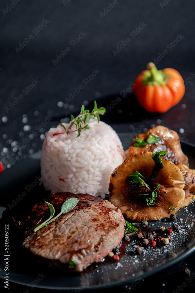 Meat, pork tenderloin, steak, dinner, lunch, nature, health, delicious, red, dark, pepper, grain, restaurant, bar, bistro, food photography, lifestyle Meat, pork tenderloin, steak, dinner, lunch, nature, health, delicious, red, dark, pepper, grain, restaurant, bar, bistro, food photography, lifestyle