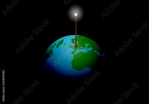 Ahorro energético global. Planeta Tierra alumbrando por una sola farola. Crisis energética