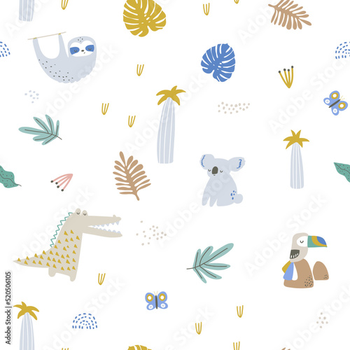 Seamless childish jungle pattern with aligator, koala, crocodile, , sloth, tocan, and jungle florals. Perfect for fabric,textile. Creative kids Vector background