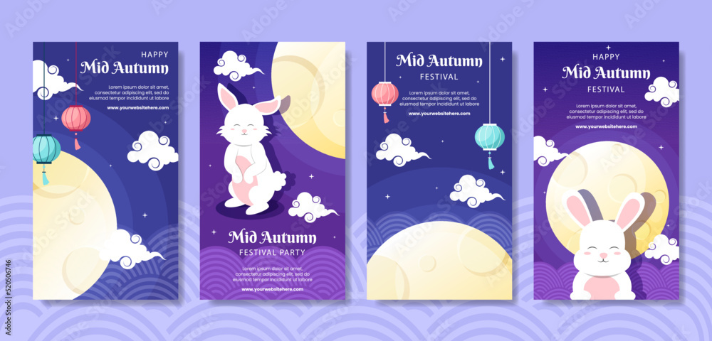 Mid Autumn Social Media Stories Template Flat Cartoon Background Vector Illustration