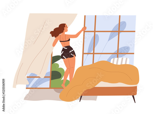 Woman opening French window on summer morning, breathing fresh air. Happy young girl waking up in home bedroom, enjoying view and breeze indoors. Flat vector illustration isolated on white background