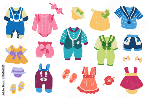 Hand-drawn set of children's clothes. White background, isolate. Vector illustration. 