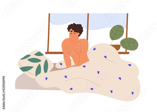 Happy sleepy man in bed, waking up in morning. Guys wakeup after good sleep. Smiling person awaking, rising in cozy home bedroom with window. Flat vector illustration isolated on white background